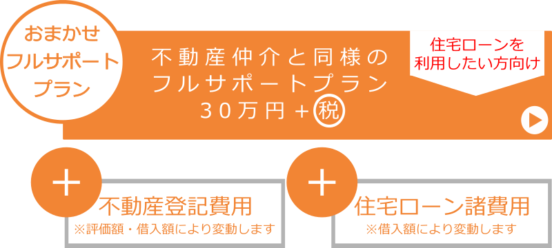 住宅ローンを利用したい方向け不動産仲介と同様のおまかせフルサポートプラン30万円+税金+不動産登記費用+住宅ローン諸費用